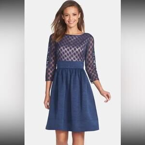 Eliza J Dark‎ Blue Dot Mesh Bodice Fit & Flare Cocktail 3/4 Sleeve Mini Dress 14